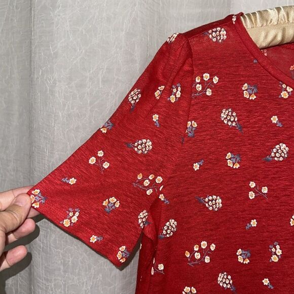 LOFT M Red Floral Linen Short Puff Sleeve Crew Tee Relaxed Fit - Picture 5 of 10